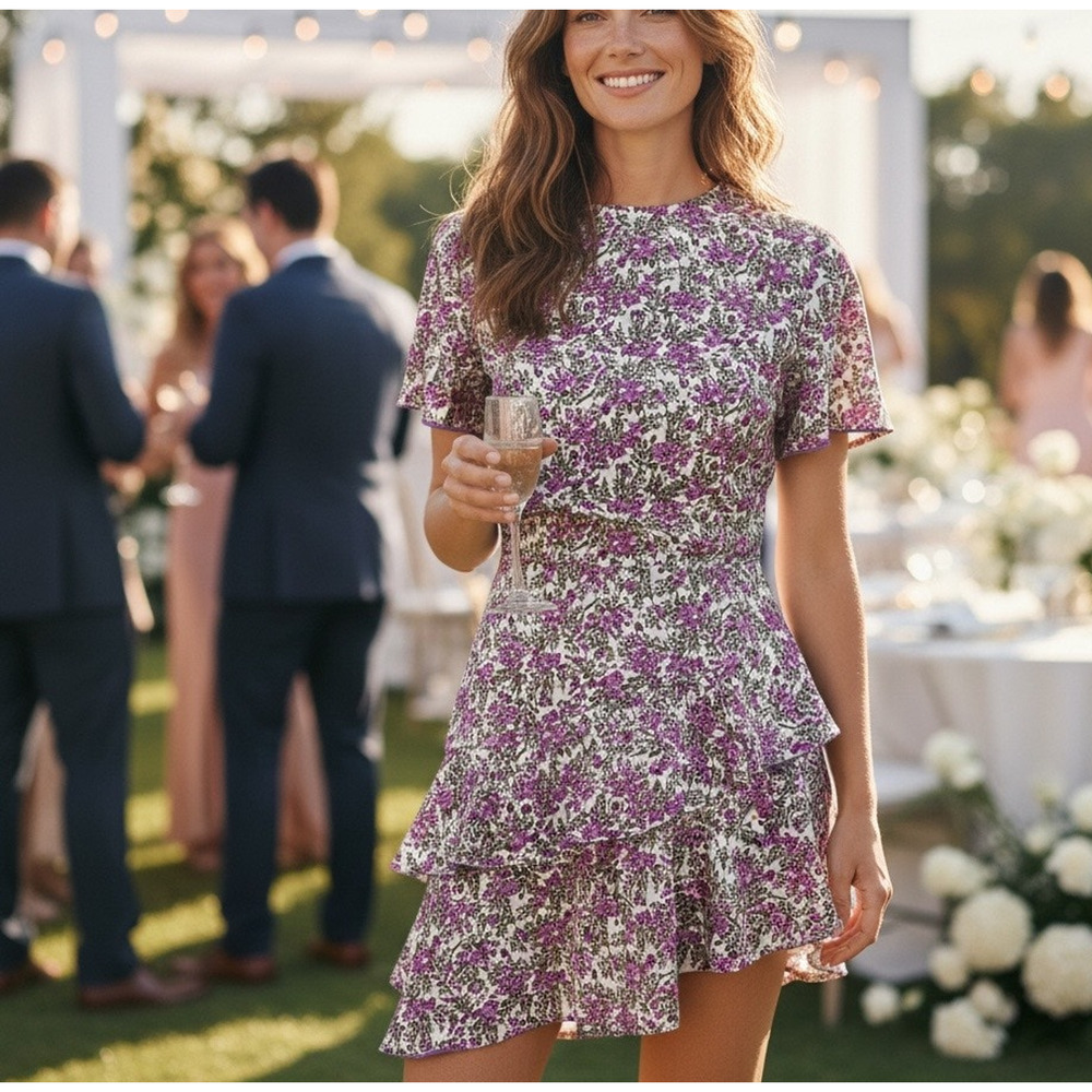 StyleStalker White Floral Mini Dress SMALL Ruffle Cottage Party Designer $200